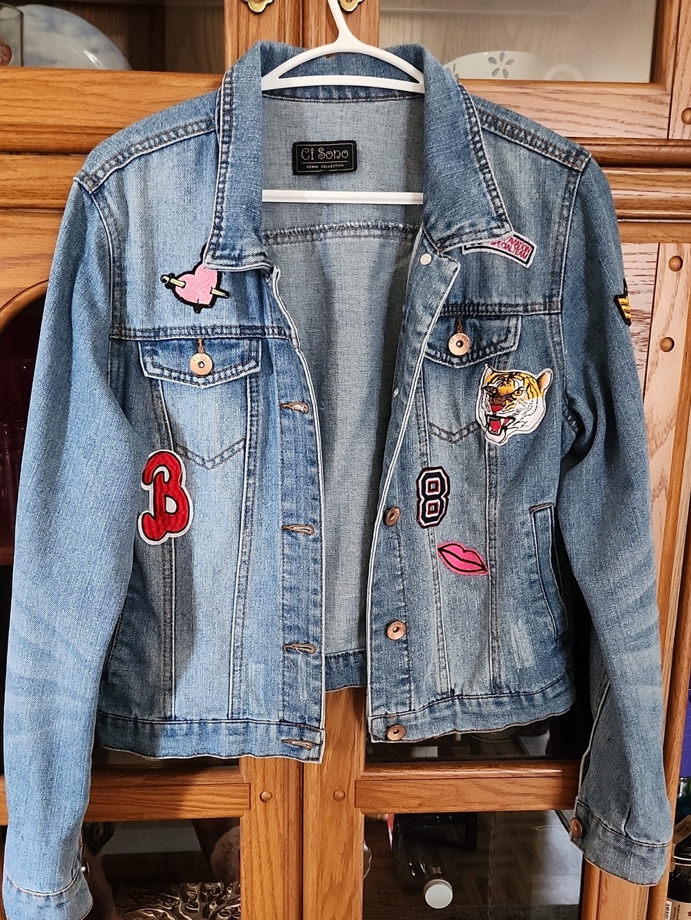 Ci Sono Light Blue Embroidered Patch Denim Jacket